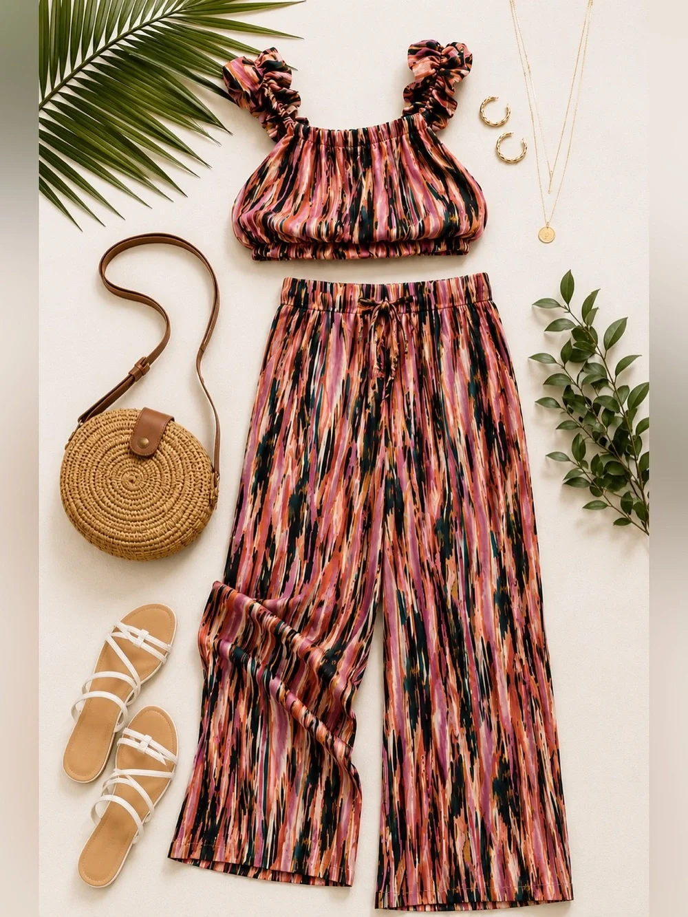 Entro Abstract Print Matching Set Small Resort Vacation Wide Leg Pants NWOT